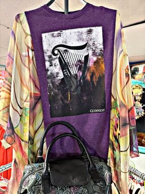 Guinness Purple Graphic Tee with Multicolor Sheer Duster Overlay
Free Size